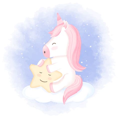 Unicorn With Star On Cloud Hand Drawn Illustration 696787 Vector Art At