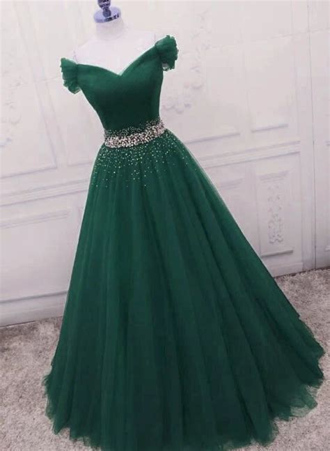 Gorgeous Dark Green Tulle Off Shoulder Long Party Dress Prom Gown