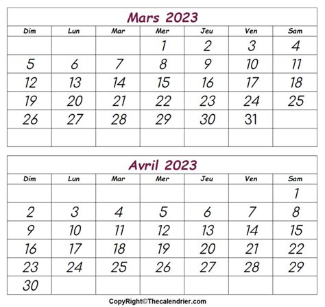 Mars Avril 2023 Calendrier The Calendrier
