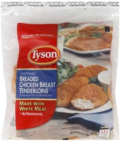 210 calories, nutrition grade (b minus), problematic ingredients, and more. Tyson Uncooked, Breaded Chicken Breast Tenderloins - 48 oz ...