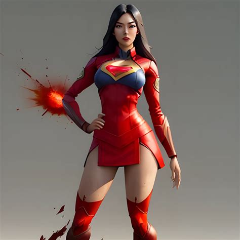 Cute Face Asian Superwoman Costume Girl In Messy Red Destroy Sc Arthub Ai