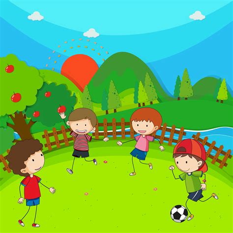 Cuatro Niños Jugando Al Fútbol En El Parque 413395 Vector En Vecteezy