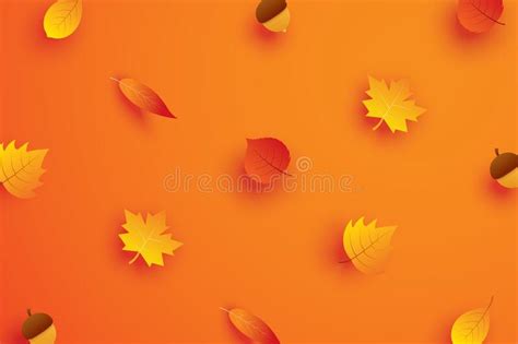 Autumn Leaves In Paper Art Style On Orange Background Stock Vector