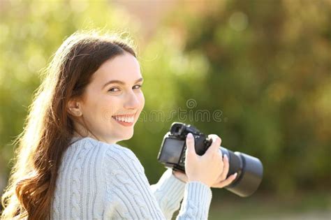 Happy Photographer In A Park Looks At You Stock Image Image Of Work