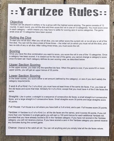 85x11 Yardzee Rules Laminated And Reusable For Backyard Lawn Games