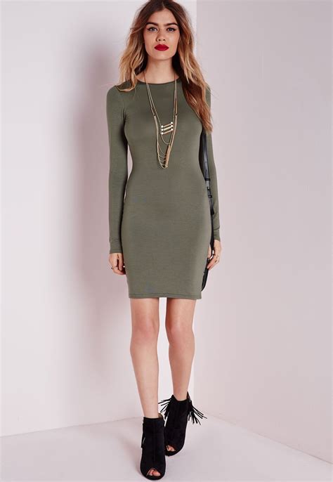 Missguided Long Sleeve Jersey Bodycon Dress Khaki With Images Bodycon Dress Casual Long