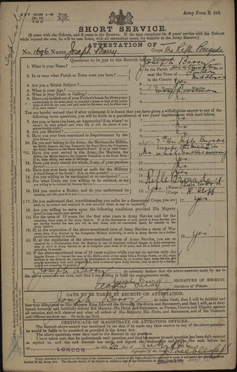 Army Forms And Attestations Army Form B248 Short Service 9and3 1906
