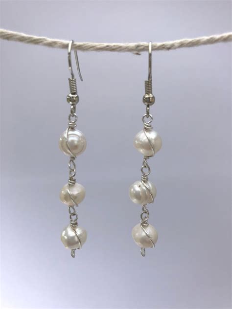 Wire Wrapped Pearl Dangle Earrings Three Freshwater Pearls Etsy