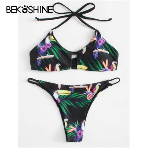 Bekoshine Print Bikini Print Swimwear Bird Biquini Bathing Suit Flower Print Halter Bikini Set