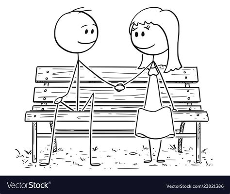 cartoon stick drawing conceptual illustration of romantic couple sitting on park bench or seat