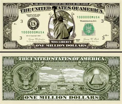 Statue Of Liberty Million Dollar Bill Play Funny Money Novelty Note