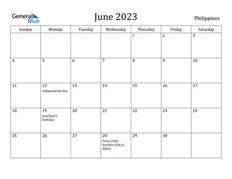 June 2023 Calendar With Philippines Holidays