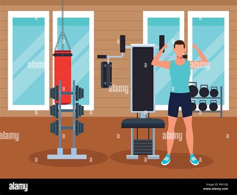 Fitness Man Training Inside Gym Vector Illustration Graphic Design