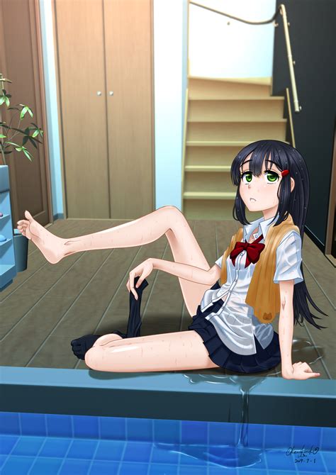 Safebooru 1girl Arm Support Barefoot Black Hair Bow Bowtie Commentary