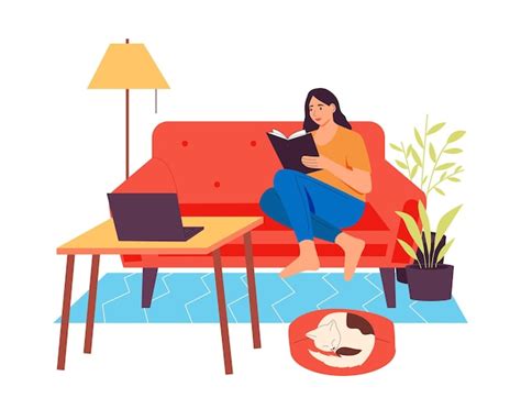 Premium Vector Women Read Books Young Female Character Sitting On Sofa In Cozy Home Atmosphere