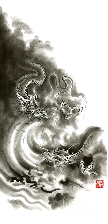 Two Dragons Gold Fantasy Dragon Design Sumi E Ink Painting Dragon Art