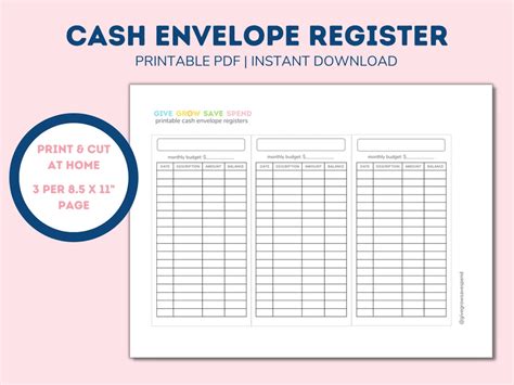 Cash Envelope Money Saving System Transaction Register Slip Etsy