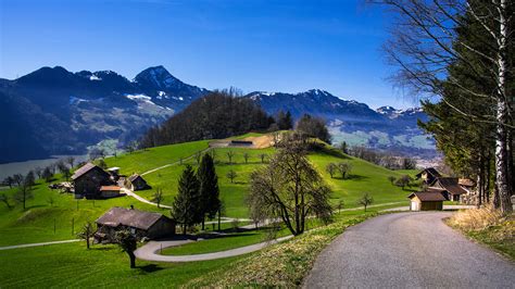 Wallpaper Switzerland Schwyz Nature Mountains Roads Meadow 1920x1080