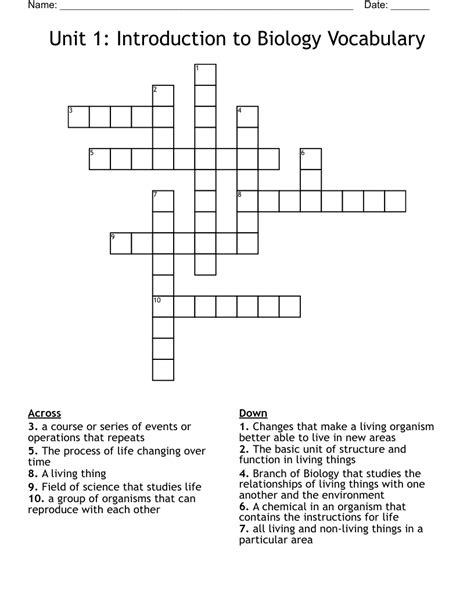 Unit 1 Introduction To Biology Vocabulary Crossword Wordmint