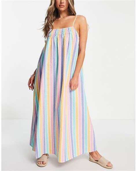 Topshop Cotton Shirred Stripe Maxi Beach Dress Lyst