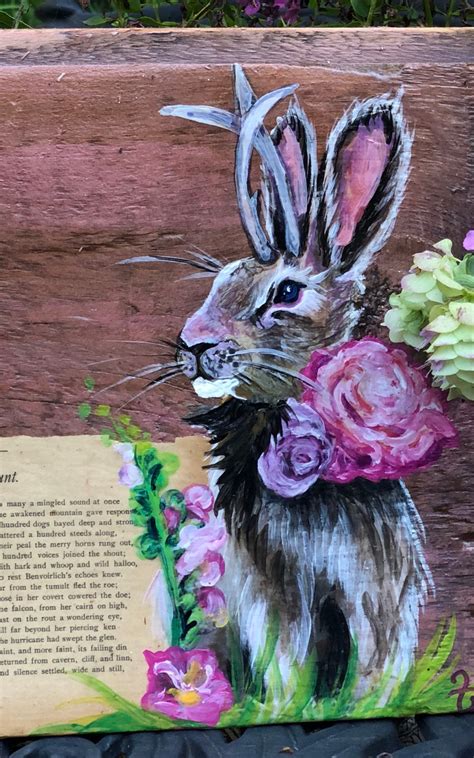 Whimsical Rabbit Painting Flower Artwork Boho Decor Etsy