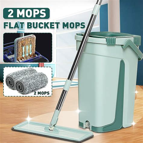 Self Cleaning Flat Mop And Bucket Set With 2pcs Reusable Microfiber Mop