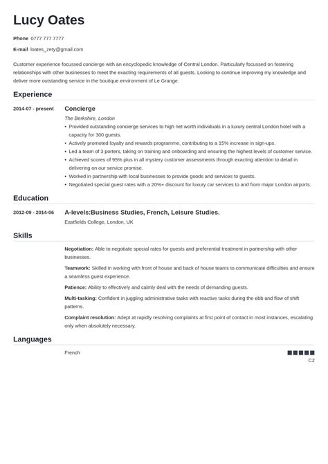 Hospitality Cv Examples Template And Skills For A Cv