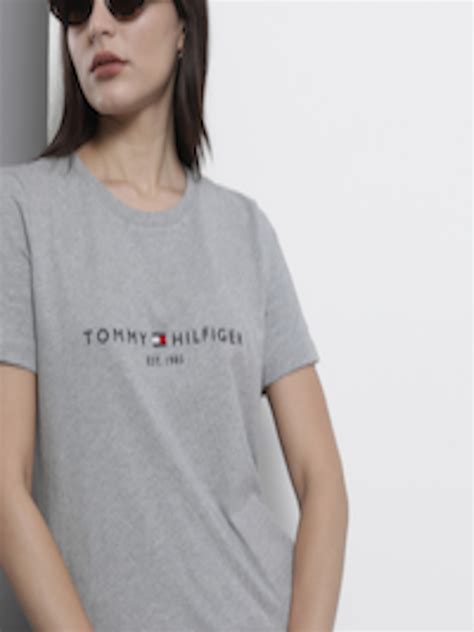 Buy Tommy Hilfiger Women Logo Embroidered Grey Organic Cotton T Shirt Tshirts For Women
