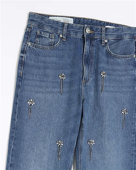 Blue Embellished Relaxed Straight Jeans River Island