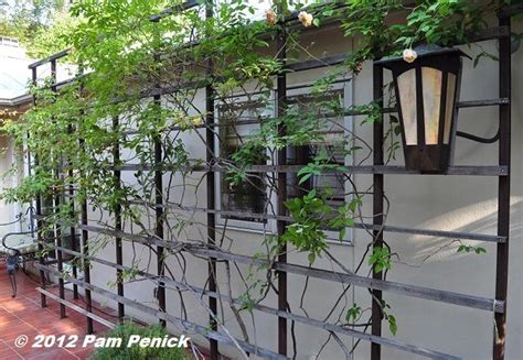 Tucked in among flowering and growing plants, these items peeking out from between vines can be a delightful surprise for garden visitors to discover. Metal-and-wood-slat trellis smothered in roses, with the ...