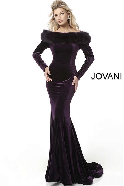 French Novelty Jovani 61548 Velvet Gown With Fur Neckline
