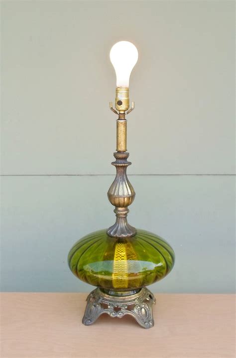 Vintage Mid Century Modern Olive Green Blown Glass Table Lamp Etsy