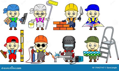 Set Of Cartoon Cute Kid Builders Repairman Tiler Bricklayer
