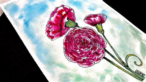 Carnations Beginner How To Draw And Watercolor Step By Step Youtube