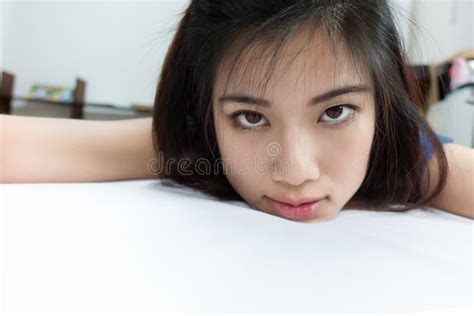 Cute Asian Girl Taking Selfie On Bed Stock Image Image Of Cute