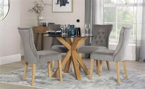 Hatton Round Oak And Glass Dining Table With 4 Bewley Grey Velvet