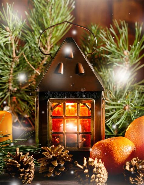 Christmas Still Life With Lantern Burning Candle Christmas Tree
