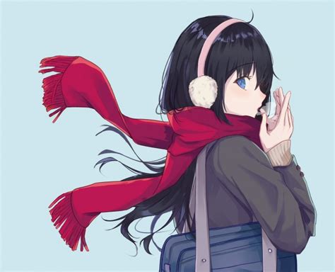 Wallpaper Red Scarf Black Hair Anime Girl Profile View Winter Hands Wallpapermaiden