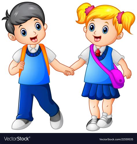 Cartoon Girl And Boy Go To School Together Vector Image