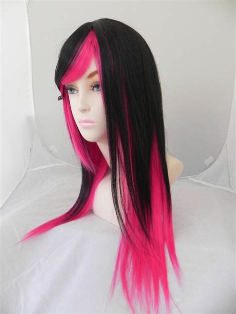 Hot Pink And Black Long Straight Layered Wig By Exandoh On Etsy