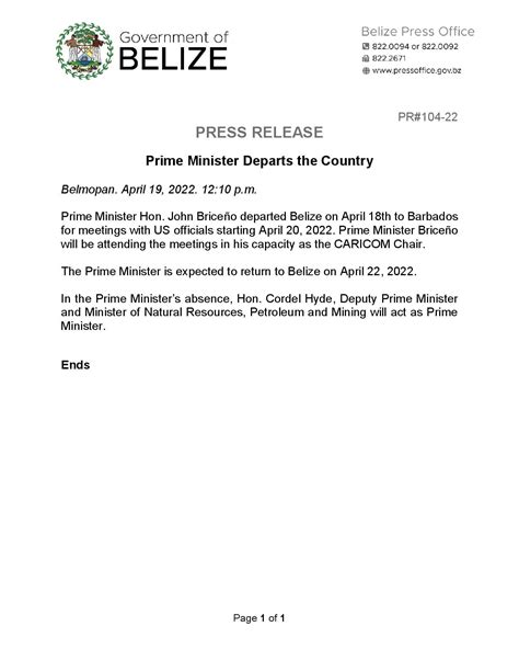 Press Release Prime Government Of Belize Press Office