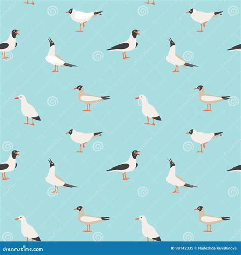 Cartoon Atlantic Seabird Seagulls Flying In Blue Sky Vector Set