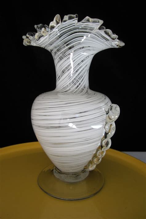 Murano Art Glass Vase White Swirl Trefoil Lip Applied Twist Etsy
