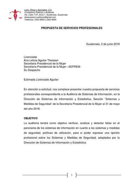 Propuesta De Servicios Profesionales Pdf Auditoría Guatemala