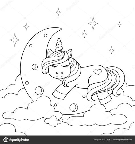 Cute Cartoon Unicorn Sleeping Moon Clouds Black White Illustration Coloring Stock Vector By