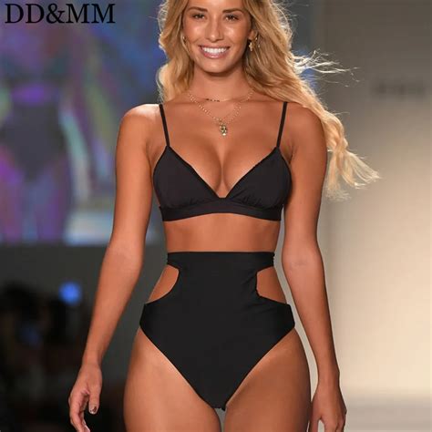 Ddandmm 2018 Women High Waist Bikini Bandage Swimwear Swimsuit Sexy Solid