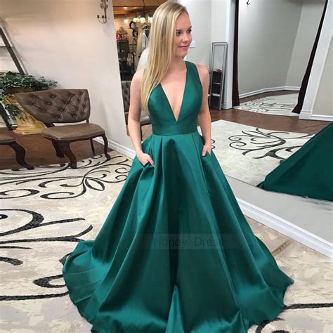 Honey Dress — Sexy Dark Green Satin Deep V Neck A Line Long Prom Dress Formal Gown With Bow Back