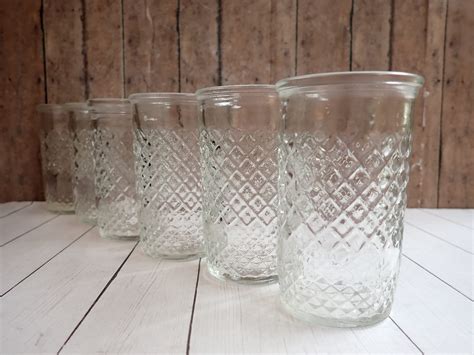 Vintage Jelly Jar Juice Glasses Small Tumblers Set Of 6 Diamond Design Clear Drinking Glass