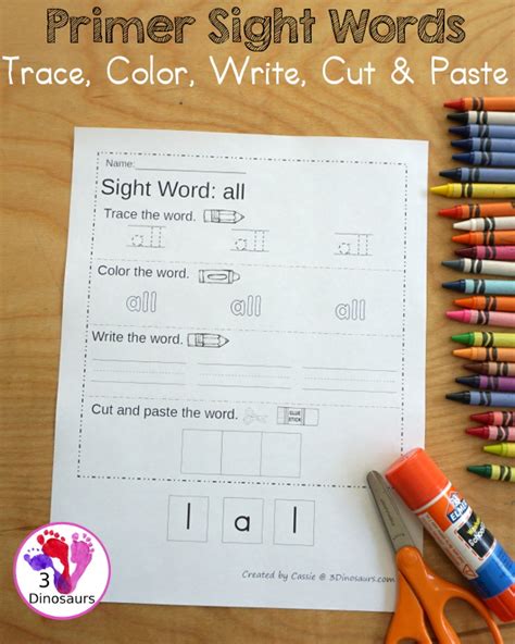 Free Primer Sight Word Trace Color Write Cut And Paste 3 Dinosaurs