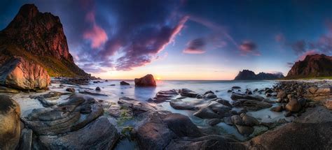 Long Exposure Sunset Beach Cliff Clouds Rocks Sea Norway Nature